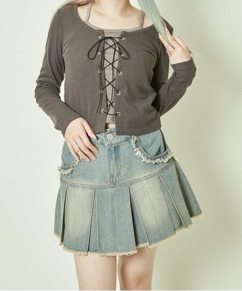 GORGE(ゴージ)の「《フェイクレイヤード×レースアップ》レディース カットソー トップス 長袖 春秋(Tシャツ/カットソー・レディース・ブラック/チャコール/ブラウン/アイボリー・F)」の1枚目の写真