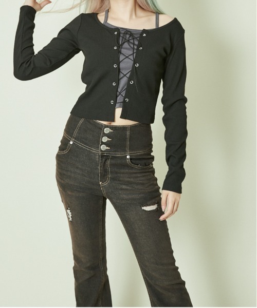 GORGE(ゴージ)の「《フェイクレイヤード×レースアップ》レディース カットソー トップス 長袖 春秋(Tシャツ/カットソー・レディース・ブラック/チャコール/ブラウン/アイボリー・F)」の3枚目の写真