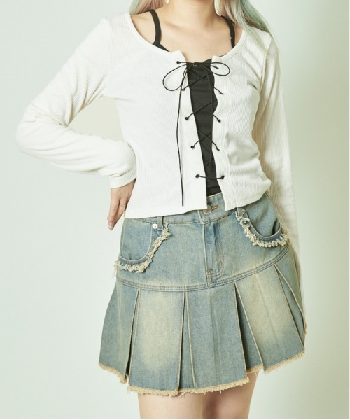 GORGE(ゴージ)の「《フェイクレイヤード×レースアップ》レディース カットソー トップス 長袖 春秋(Tシャツ/カットソー・レディース・ブラック/チャコール/ブラウン/アイボリー・F)」の10枚目の写真