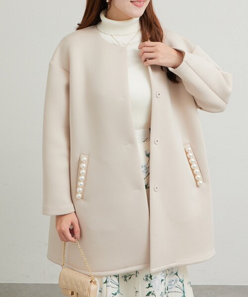 セール】【ON・OFF兼用】パールポケットフレアコート（ノーカラー