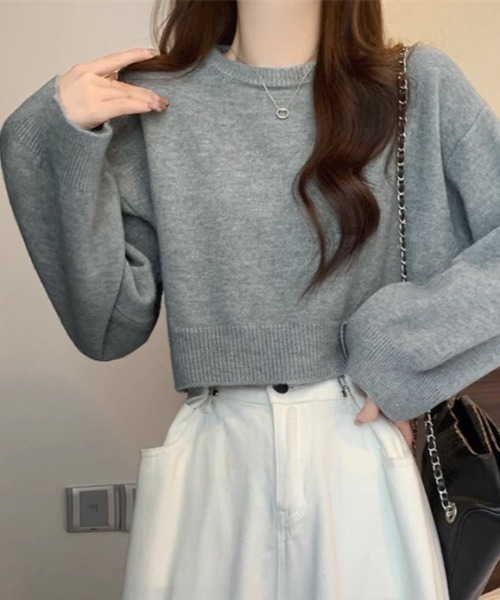kirakiraShop(キラキラショップ)の「長袖 クルーネック ショート丈 ニット(ニット/セーター・レディース・ホワイト/ベージュ/チャコール/ブラック/グレー・FREE)」の3枚目の写真