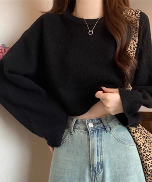 kirakiraShop(キラキラショップ)の「長袖 クルーネック ショート丈 ニット(ニット/セーター・レディース・ホワイト/ベージュ/チャコール/ブラック/グレー・FREE)」の2枚目の写真