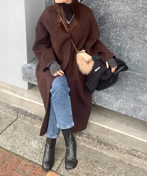 evernavy　エバーネイビー　ノーカラーリバーコクーンコート　ブラウン　M ノーカラー リバー コクーン コート evernavy エバーネイビー : マルイ