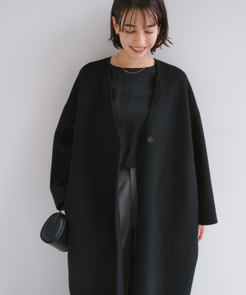 2025年モデル　リバーロングコクーンコート　MT セール】ノーカラーリバーロングコクーンコート（ノーカラーコート