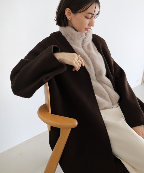 evernavy（エバーネイビー）の「ノーカラーリバーロングコクーンコート（ノーカラーコート・レディース・ネイビー/ブラック/チャコールグレー/ブラウン・M/MT）」の15枚目の写真