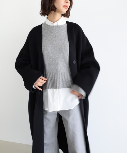 evernavy（エバーネイビー）の「ノーカラーリバーロングコクーンコート（ノーカラーコート・レディース・ネイビー/ブラック/チャコールグレー/ブラウン・M/MT）」の6枚目の写真