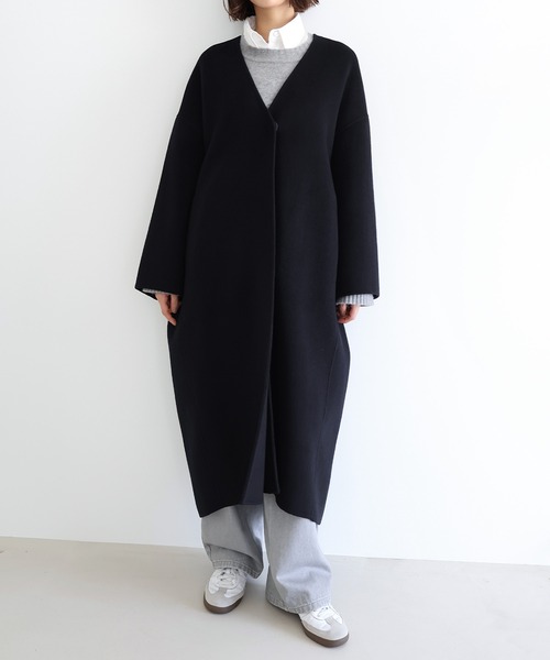 evernavy（エバーネイビー）の「ノーカラーリバーロングコクーンコート