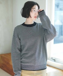 ＴＨＲＥＥ　ＦＩＦＴＹ　ＳＴＡＮＤＡＲＤ　綿混素材の日本製ミジンボーダーニット〈ブラック×グレー〉