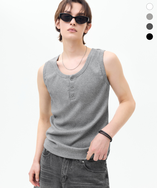 TRILLION（トリリオン）の「リブドリングスナップヘンリーネックスリーブレス_4カラー（Tシャツ/カットソー・メンズ・ホワイト/ブラック/グレー/チャコール・MEDIUM/LARGE/X-LARGE）」の5枚目の写真