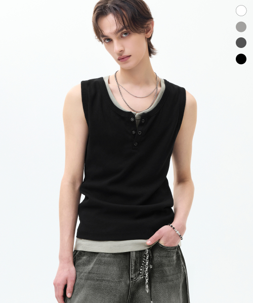 TRILLION（トリリオン）の「リブドリングスナップヘンリーネックスリーブレス_4カラー（Tシャツ/カットソー・メンズ・ホワイト/ブラック/グレー/チャコール・MEDIUM/LARGE/X-LARGE）」の7枚目の写真