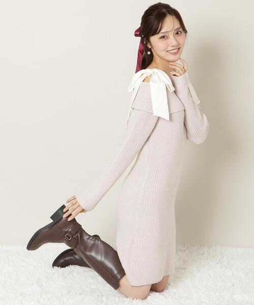 WILLSELECTION（ウィルセレクション）の「リボンショルダーオフショルニットワンピース（ワンピース・レディース・オフホワイト/ブラック/サックスブルー/ピンク・FREE）」の4枚目の写真
