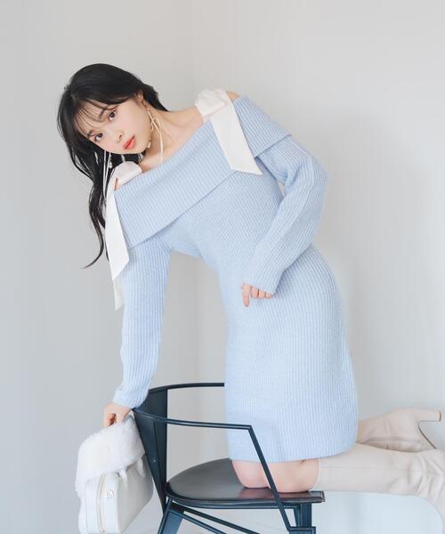 WILLSELECTION（ウィルセレクション）の「リボンショルダーオフショルニットワンピース（ワンピース・レディース・オフホワイト/ブラック/サックスブルー/ピンク・FREE）」の19枚目の写真