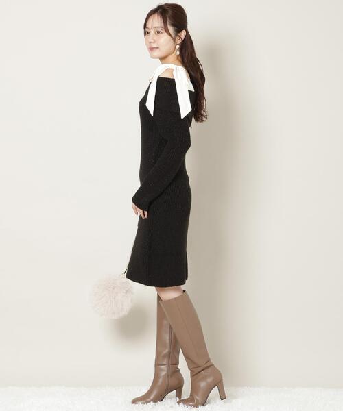 WILLSELECTION（ウィルセレクション）の「リボンショルダーオフショルニットワンピース（ワンピース・レディース・オフホワイト/ブラック/サックスブルー/ピンク・FREE）」の6枚目の写真