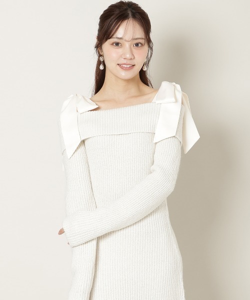 WILLSELECTION（ウィルセレクション）の「リボンショルダーオフショルニットワンピース（ワンピース・レディース・オフホワイト/ブラック/サックスブルー/ピンク・FREE）」の2枚目の写真