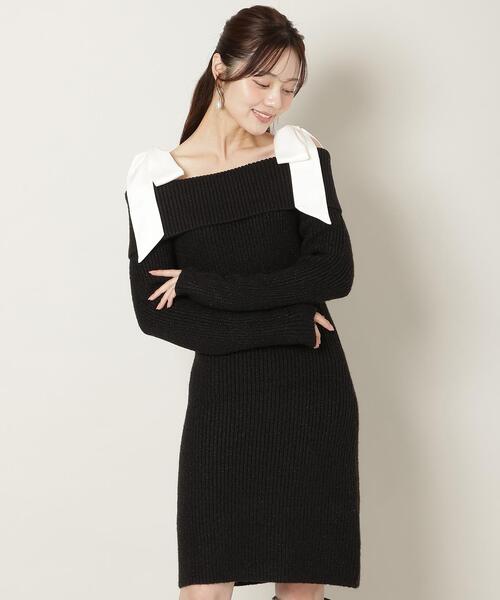 WILLSELECTION（ウィルセレクション）の「リボンショルダーオフショルニットワンピース（ワンピース・レディース・オフホワイト/ブラック/サックスブルー/ピンク・FREE）」の3枚目の写真