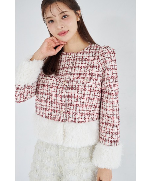 tocco closet（トッコ　クローゼット）の「【ZOZO限定】ラメループツイードファージャケット（ノーカラージャケット・レディース・ブラウン/レッド/ブラック・M）」の3枚目の写真