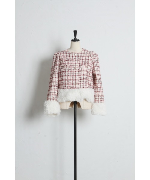 tocco closet（トッコ　クローゼット）の「【ZOZO限定】ラメループツイードファージャケット（ノーカラージャケット・レディース・ブラウン/レッド/ブラック・M）」の4枚目の写真