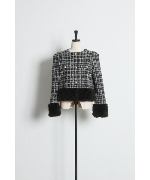 tocco closet（トッコ　クローゼット）の「【ZOZO限定】ラメループツイードファージャケット（ノーカラージャケット・レディース・ブラウン/レッド/ブラック・M）」の5枚目の写真