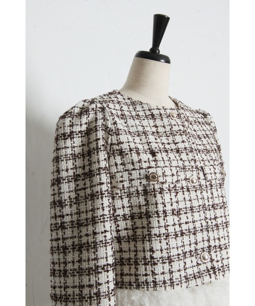 tocco closet（トッコ　クローゼット）の「【ZOZO限定】ラメループツイードファージャケット（ノーカラージャケット・レディース・ブラウン/レッド/ブラック・M）」の11枚目の写真