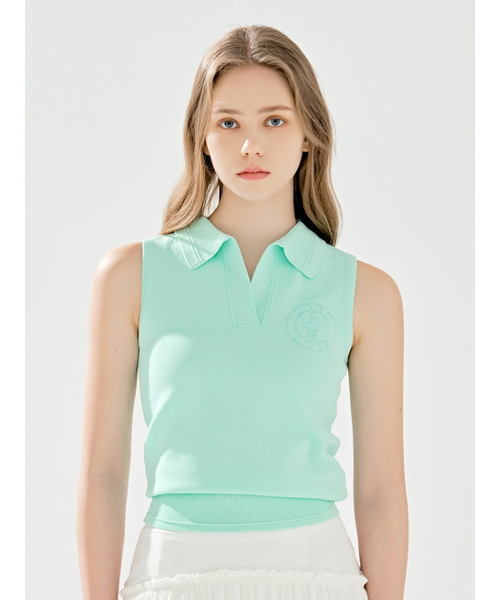 Signature Collar ノースリーブ ニット Mint — безрукавка‑топ с подплечниками, мятный