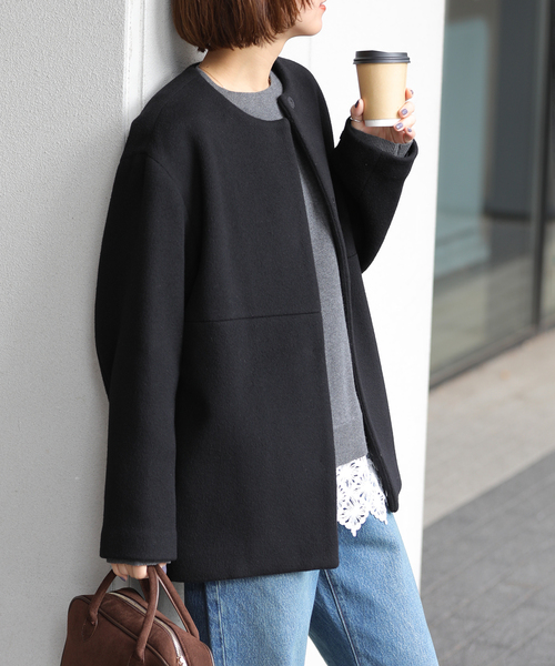 JOURNAL STANDARD relume（ジャーナルスタンダード　レリューム）の「《追加3》スーパーファインビーバークルーネックコート（ノーカラーコート・レディース・ベージュ/ブラック/ブラック系その他・36/38）」の19枚目の写真