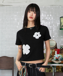 WXT043綿菓子レースアップリケ半袖Tシャツ(BLACK)
