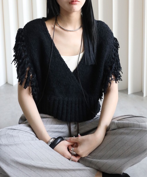 YENNA（イェンナ）の「【 2026 SS 新作 】テープヤーンフリンジカシュクールニットベスト（ベスト・レディース・アイボリー/ベージュ/ブラック・FREE）」の20枚目の写真