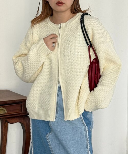 CPCM（シーピーシーエム）の「ポコポコニットクルージップカーディガン（カーディガン/ボレロ・レディース・グリーン系/ピンク/ネイビー/アイボリー・FREE）」の2枚目の写真