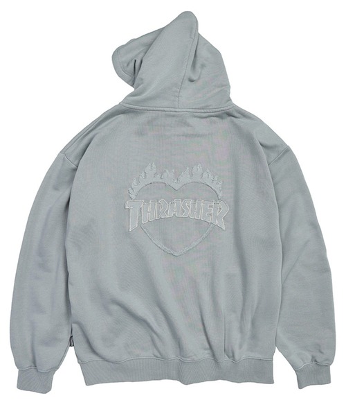 THRASHER(スラッシャー)の「THRASHER (スラッシャー) ダメージ デニムロゴ ダブルジップ パーカー メンズ レディース ピグメント加工 綿 スウェット(パーカー・メンズ・ピンク/ダークグレー/グレー・M/LL/L)」の1枚目の写真