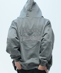 THRASHER (スラッシャー) ダメージ デニムロゴ ダブルジップ パーカー メンズ レディース ピグメント加工 綿 スウェット