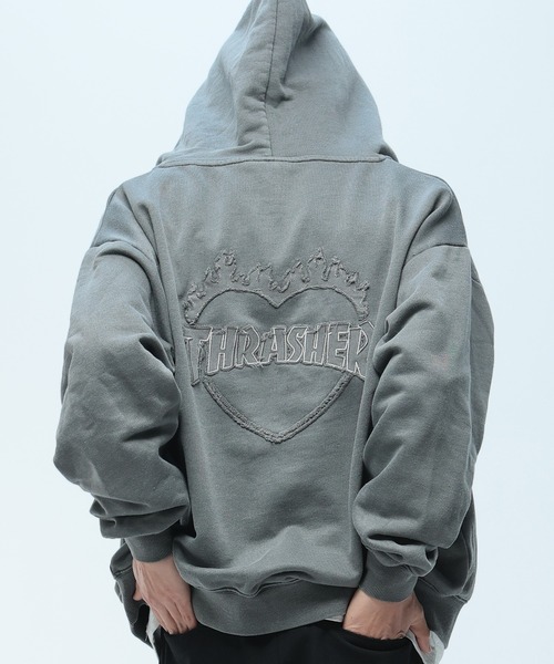 THRASHER(スラッシャー)の「THRASHER (スラッシャー) ダメージ デニムロゴ ダブルジップ パーカー メンズ レディース ピグメント加工 綿 スウェット(パーカー・メンズ・ピンク/ダークグレー/グレー・M/LL/L)」の2枚目の写真