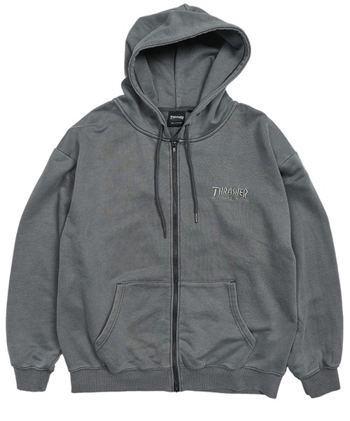 THRASHER(スラッシャー)の「THRASHER (スラッシャー) ダメージ デニムロゴ ダブルジップ パーカー メンズ レディース ピグメント加工 綿 スウェット(パーカー・メンズ・ピンク/ダークグレー/グレー・M/LL/L)」の11枚目の写真