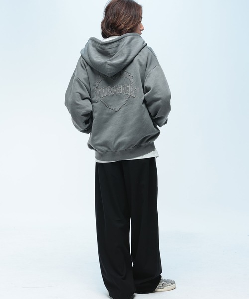 THRASHER(スラッシャー)の「THRASHER (スラッシャー) ダメージ デニムロゴ ダブルジップ パーカー メンズ レディース ピグメント加工 綿 スウェット(パーカー・メンズ・ピンク/ダークグレー/グレー・M/LL/L)」の7枚目の写真