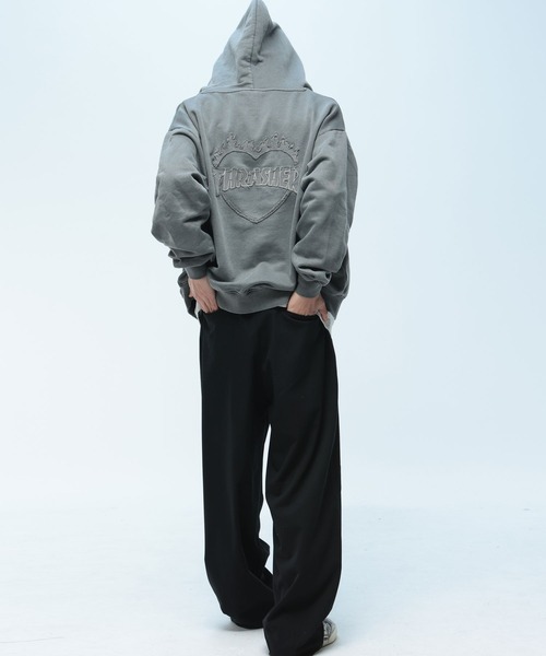 THRASHER(スラッシャー)の「THRASHER (スラッシャー) ダメージ デニムロゴ ダブルジップ パーカー メンズ レディース ピグメント加工 綿 スウェット(パーカー・メンズ・ピンク/ダークグレー/グレー・M/LL/L)」の6枚目の写真