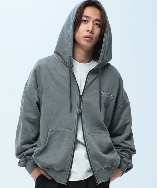 THRASHER(スラッシャー)の「THRASHER (スラッシャー) ダメージ デニムロゴ ダブルジップ パーカー メンズ レディース ピグメント加工 綿 スウェット(パーカー・メンズ・ピンク/ダークグレー/グレー・M/LL/L)」の18枚目の写真