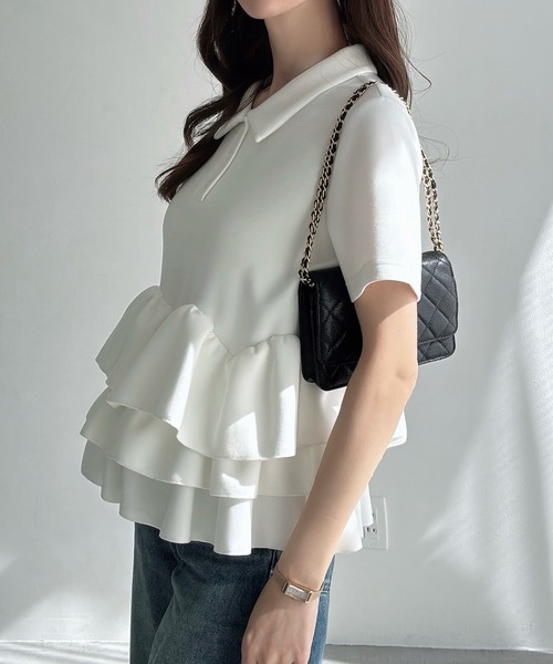 Meiru(メイル)の「デザインペプラム襟付き半袖トップス(Tシャツ/カットソー・レディース・アイボリー/ブラック/ホワイト・SMALL/MEDIUM/LARGE/X-LARGE)」の5枚目の写真