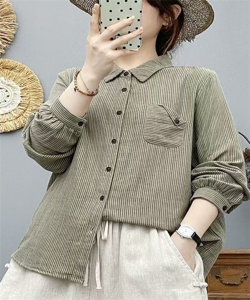 FREE STYLISTS(フリー スタイリスト)の「ダブルガーゼストライプ柄ブラウス(シャツ/ブラウス・レディース・ブルー/カーキ/スモークピンク/ネイビー・M/L)」の1枚目の写真