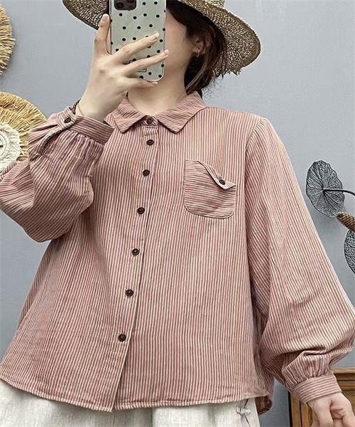 FREE STYLISTS(フリー スタイリスト)の「ダブルガーゼストライプ柄ブラウス(シャツ/ブラウス・レディース・ブルー/カーキ/スモークピンク/ネイビー・M/L)」の4枚目の写真