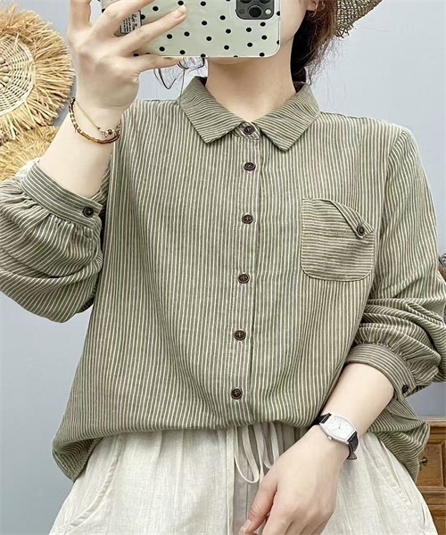 FREE STYLISTS(フリー スタイリスト)の「ダブルガーゼストライプ柄ブラウス(シャツ/ブラウス・レディース・ブルー/カーキ/スモークピンク/ネイビー・M/L)」の8枚目の写真