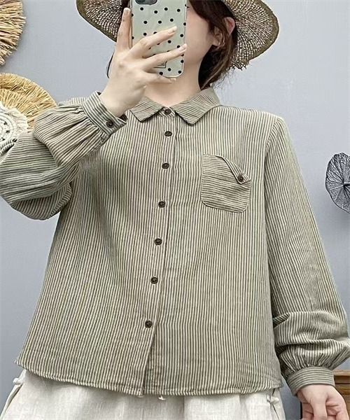 FREE STYLISTS(フリー スタイリスト)の「ダブルガーゼストライプ柄ブラウス(シャツ/ブラウス・レディース・ブルー/カーキ/スモークピンク/ネイビー・M/L)」の6枚目の写真