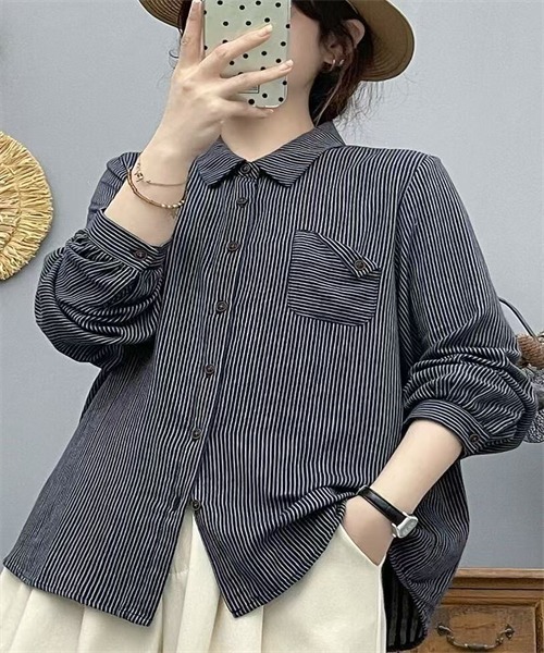 FREE STYLISTS(フリー スタイリスト)の「ダブルガーゼストライプ柄ブラウス(シャツ/ブラウス・レディース・ブルー/カーキ/スモークピンク/ネイビー・M/L)」の10枚目の写真