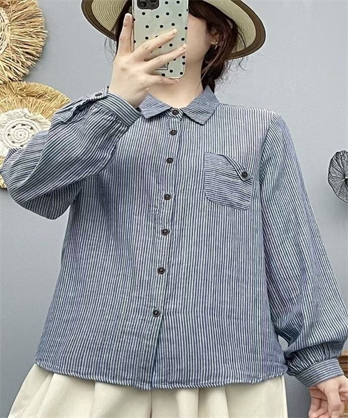 FREE STYLISTS(フリー スタイリスト)の「ダブルガーゼストライプ柄ブラウス(シャツ/ブラウス・レディース・ブルー/カーキ/スモークピンク/ネイビー・M/L)」の12枚目の写真