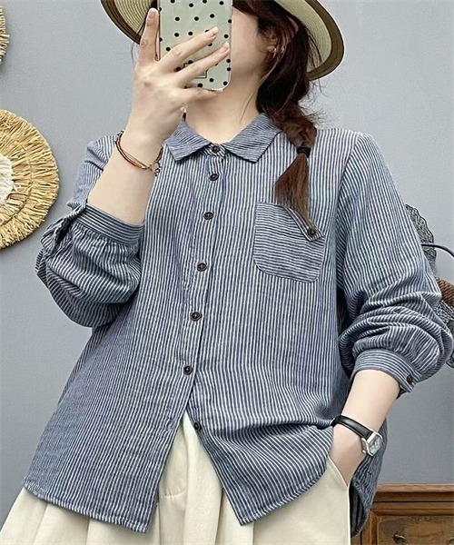 FREE STYLISTS(フリー スタイリスト)の「ダブルガーゼストライプ柄ブラウス(シャツ/ブラウス・レディース・ブルー/カーキ/スモークピンク/ネイビー・M/L)」の13枚目の写真
