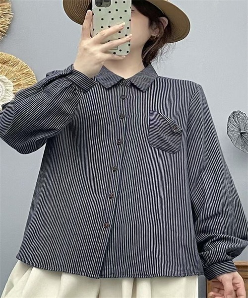 FREE STYLISTS(フリー スタイリスト)の「ダブルガーゼストライプ柄ブラウス(シャツ/ブラウス・レディース・ブルー/カーキ/スモークピンク/ネイビー・M/L)」の9枚目の写真