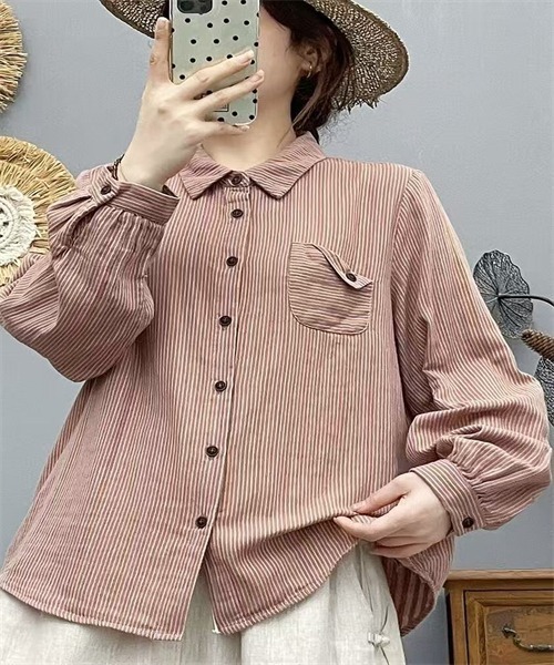 FREE STYLISTS(フリー スタイリスト)の「ダブルガーゼストライプ柄ブラウス(シャツ/ブラウス・レディース・ブルー/カーキ/スモークピンク/ネイビー・M/L)」の16枚目の写真