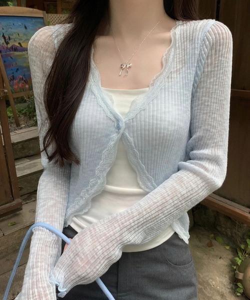 yuue' ( wear )(ユーイ)の「フリルレース付きシアーリブカーディガン/冷房対策 UVカット(カーディガン/ボレロ・レディース・ホワイト/ブラック/ブルー/アイボリー・FREE)」の4枚目の写真