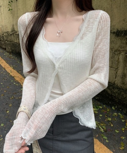 yuue' ( wear )(ユーイ)の「フリルレース付きシアーリブカーディガン/冷房対策 UVカット(カーディガン/ボレロ・レディース・ホワイト/ブラック/ブルー/アイボリー・FREE)」の5枚目の写真