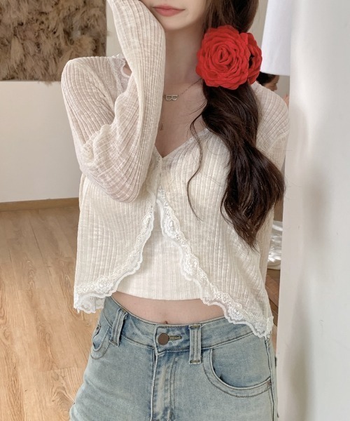 yuue' ( wear )(ユーイ)の「フリルレース付きシアーリブカーディガン/冷房対策 UVカット(カーディガン/ボレロ・レディース・ホワイト/ブラック/ブルー/アイボリー・FREE)」の16枚目の写真