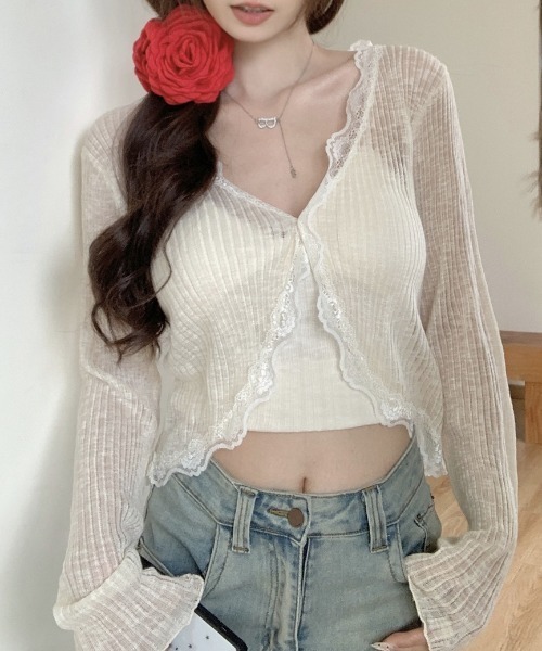yuue' ( wear )(ユーイ)の「フリルレース付きシアーリブカーディガン/冷房対策 UVカット(カーディガン/ボレロ・レディース・ホワイト/ブラック/ブルー/アイボリー・FREE)」の15枚目の写真