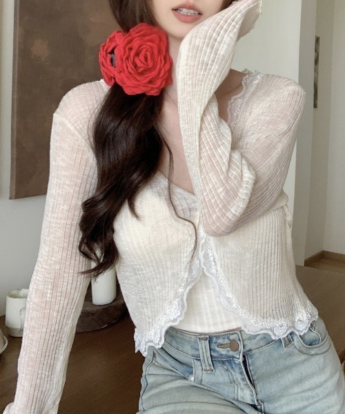 yuue' ( wear )(ユーイ)の「フリルレース付きシアーリブカーディガン/冷房対策 UVカット(カーディガン/ボレロ・レディース・ホワイト/ブラック/ブルー/アイボリー・FREE)」の17枚目の写真